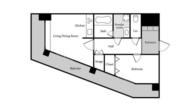 Apartment sample layout. 1 Bedroom, 1 Bathroom, Corner room.