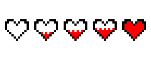red heart pixel for game design. 8 bit style pixel art background. Video game style. Red heart. Vector illustration. stock image. 