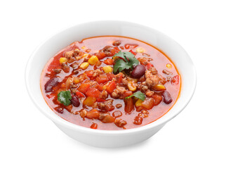 Bowl with tasty chili con carne on white background