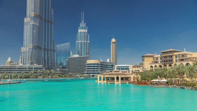 Fountain pool from bridge in Burj park timelapse in Downtown