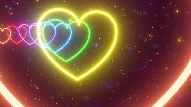 Flying Through Curved Love Heart Tunnel Shapes Glow Rainbow Sparkles - 4K Seamless VJ Loop Motion Background Animation