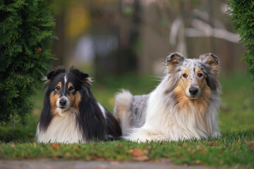 Fototapeta na wymiar Two obedient Shepherd dogs (tricolor Sheltie and blue merle rough Collie) posing together outdoors lying down on a green grass with fallen leaves in autumn