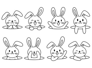 Set of Cute Line Art Rabbit for Spring and Easter