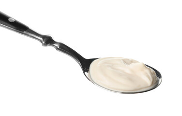 Spoon with tasty mayonnaise isolated on white