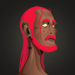 portrait of a dark elf old man with red hair and red beard