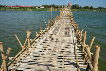 Kampong Cham, Cambodia - February 2022: The Kampong Cham bamboo bridge in Cambodia is the longest...