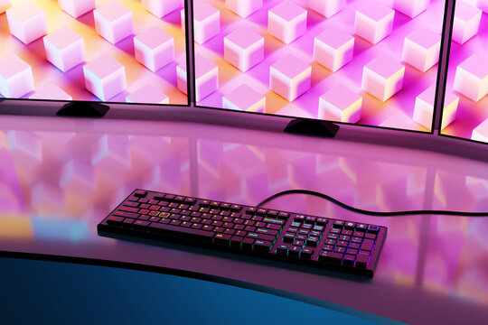 3d illustration, Powerful personal computer gamer with three monitors. Cozy desktop for gamer, monitor with rgb keyboard with blue and neon backlight.