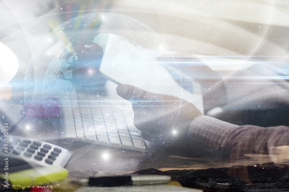 Poster man using digital tablet and laptop with global network illustration. internet network technology, d