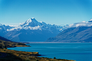 View across Lake Pukaki to Mt Cook, Aoraki/Mount Cook National Park, south island, Aotearoa / New...