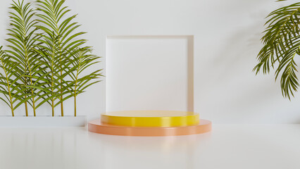 Product display podium with palm leaf in white background
