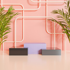 Product display podium for social media post with palm leaf in pink background