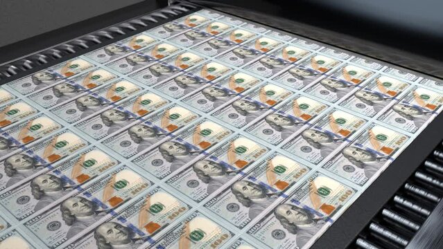Money Printer Go Brrr 100 Dollar Bills Stimulate US Economy Inflation - 4K Seamless VJ Loop Motion Background Animation