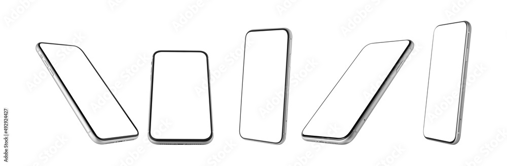 Poster flat rays ,collection of smartphone mockup blank screen isolated on white background