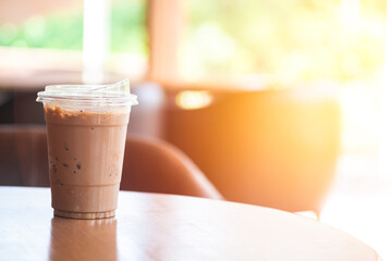 A plastic cup of iced Mocha coffee