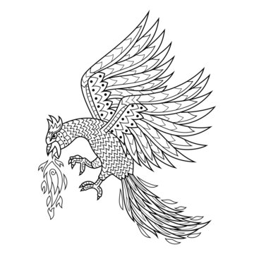Hand drawn of phoenix in zentangle style