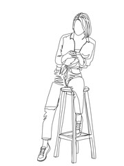 A woman sitting on a chair checking her mobile is drawn in one line art style. Body expression. Printable art.