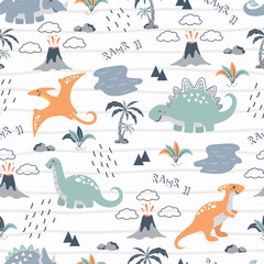 Seamless pattern cute dinos collection and mountain explosion, design for scrapbooking, decoration, cards, paper goods, background, wallpaper, wrapping, fabric and all your creative projects