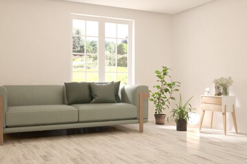 White living room with sofa and summer landscape in window. Scandinavian interior design. 3D illustration