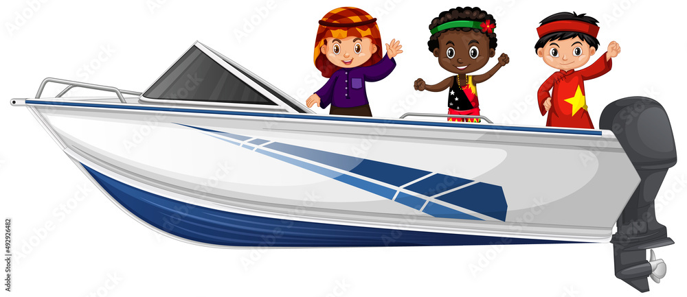 Sticker Boy and girl standing on a speed boat on a white background