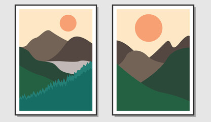 Mountain wall art. Minimalist design vertical view of mountain and sun. Suitable for wall decoration, postcard, cover, background and other printing needs.