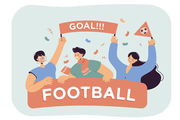 Happy open-air football fans flat vector illustration. Group of active people with banner football cheering for team during match. Excited man and women enjoying sports game. Celebration concept