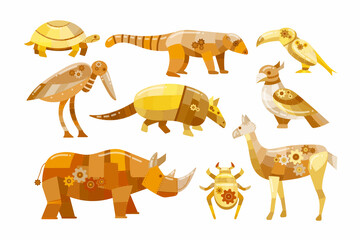 Mechanical wild animals cartoon illustration set. Robotic rhino, turtle, bug and bird toys isolated on white background. Metal electronic pets cyborgs or futuristic monsters. Robots, future concept