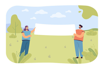 Man and woman standing in meadow with blank banner. Tiny girl and boy holding white poster flat vector illustration. Nature, ecology concept for banner, website design or landing web page