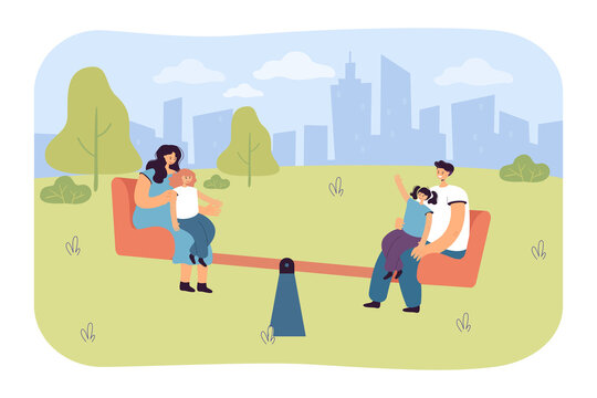 Parents And Kids Riding Teeter-totter Flat Vector Illustration. Happy Family Balancing On Seesaw In City Park Together. Joy, Recreation Concept For Banner, Website Design Or Landing Web Page