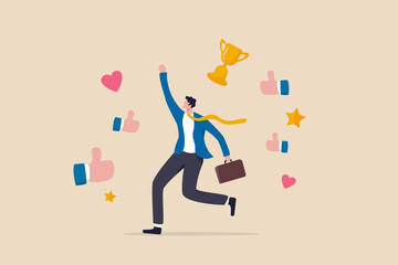Appreciate high performance employee, good job or praising success staff, recognition or congratulation concept, cheerful success businessman with appreciation thumbs up applause, stars and trophy.