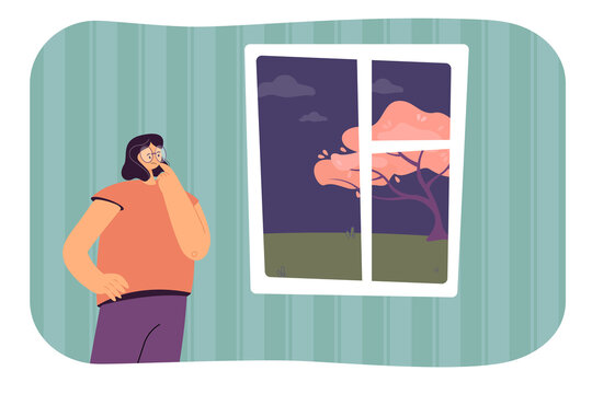 Pensive girl looking at streets at night through window. Woman thinking about outdoor walk flat vector illustration. Decision, choice concept for banner, website design or landing web page