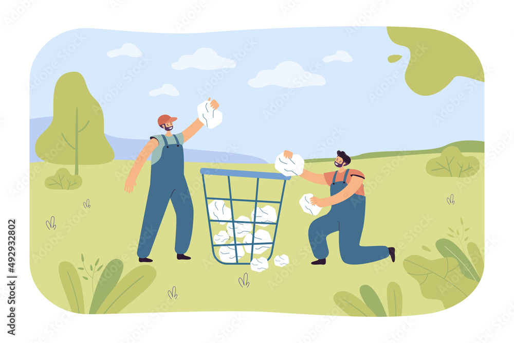 Poster men collecting paper in trash container flat vector illustration. workers in uniform picking up garb