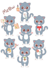 Cute cat set with spring flower and heart, vector