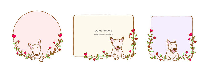 Fototapeta na wymiar Frame with Cartoon bull terrier dog , Lovely dog in love on valentines day illustration Frame