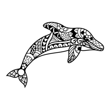 Hand drawn of dolphin in zentangle style