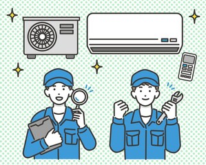クーラー（エアコン）と電気工事士の作業員の店員のベクターイラスト素材／エアコン／夏／修理／清掃／取り付け