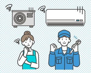 クーラー（エアコン）が壊れて困った主婦と電気工事士の作業員の店員のベクターイラスト素材／エアコン／夏／修理／清掃／取り付け