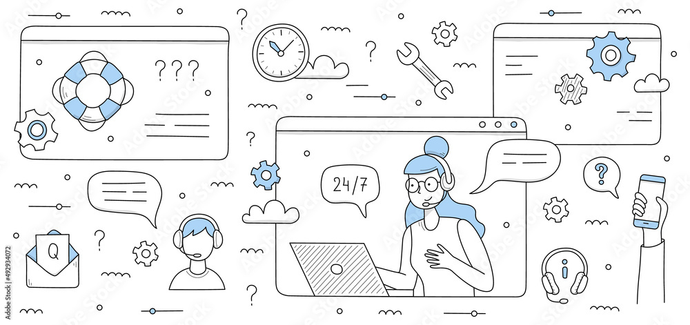 Poster customer support doodle concept with call center hotline operator communicate with customers via int