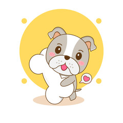 Cute bulldog with bone cartoon character