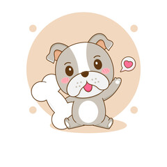 Cute bulldog with bone cartoon character