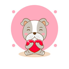 Cute bulldog hugging love heart cartoon character