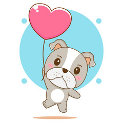Cute bulldog floating with love heart cartoon character