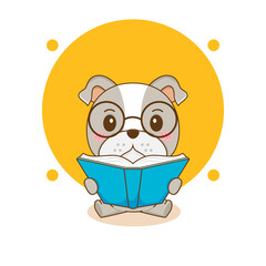 Cute bulldog reading a book with glasses cartoon character