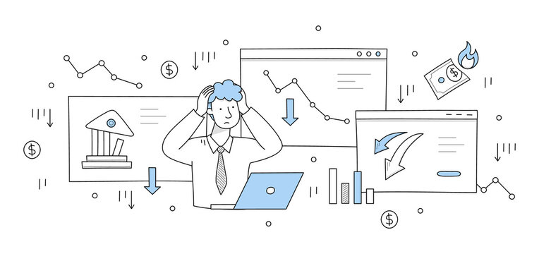 Financial crisis, economic decrease, bankruptcy concept with doodle sad man with laptop, down graph and charts on screen. Vector hand drawn illustration with upset businessman and finance decline