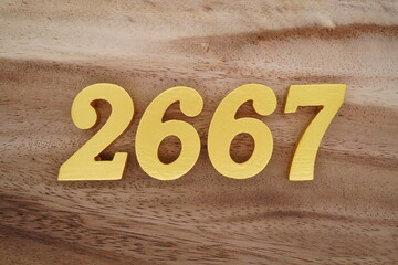 Golden Arabic numerals on a real brown and white wooden floor number 2669