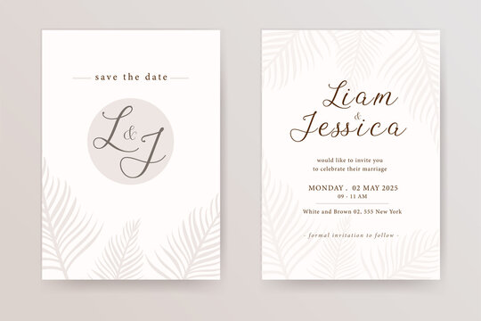 Minimalist wedding invitation template with hand drawing palm modern watercolor