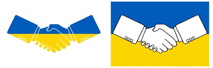 A drawn handshake against the colors of the flag of Ukraine.