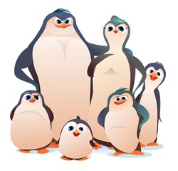 Penguin cartoon. Bird family. Parents and children are chicks of different ages and characters. Cheerful funny person. Koik style. Isolated on white background. Vector