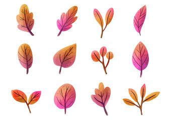 Watercolor pink fall leaves floral illustration set. Red orange leaf illustration clip art isolated in white background set.