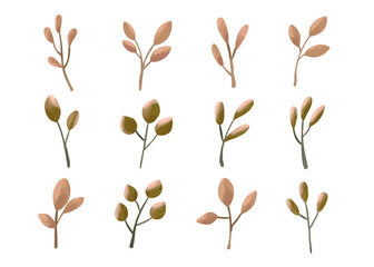 Watercolor spring leaves floral illustration set. Yellow green leaf illustration clip art isolated in white background set.