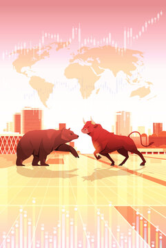 angry fighting bull and bear in attacking pose dangerous mammal animals market trend stock exchange trading